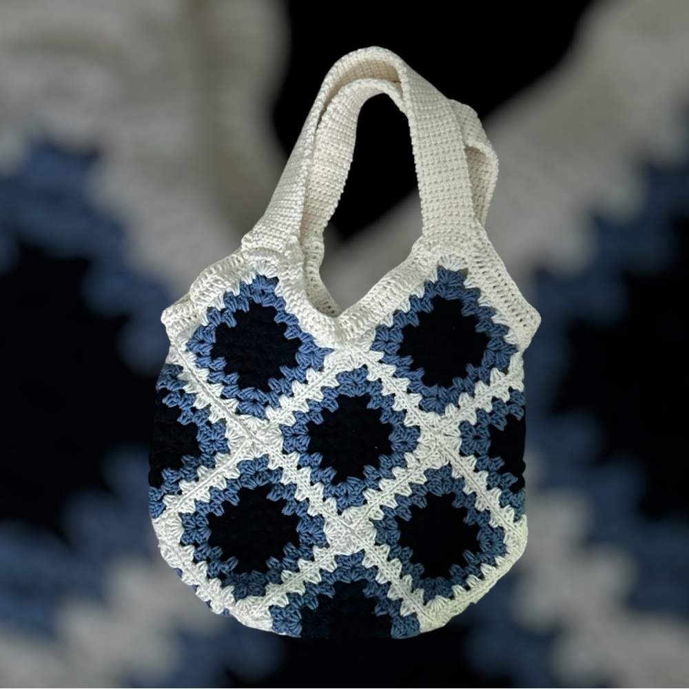 Handcrafted Crochet Tote Bag - Blue and White